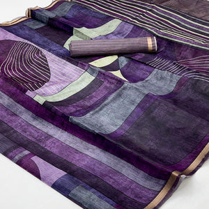 Purple Contemporary Geometric Digital Printed Viscose Saree With Gleaming Zari Border