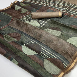 Brown Contemporary Geometric Digital Printed Viscose Saree With Gleaming Zari Border