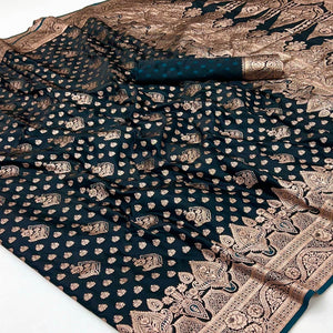 Morpich Blue Classic Floral Zari Weaving Satin Silk Saree With Sophisticated Drape