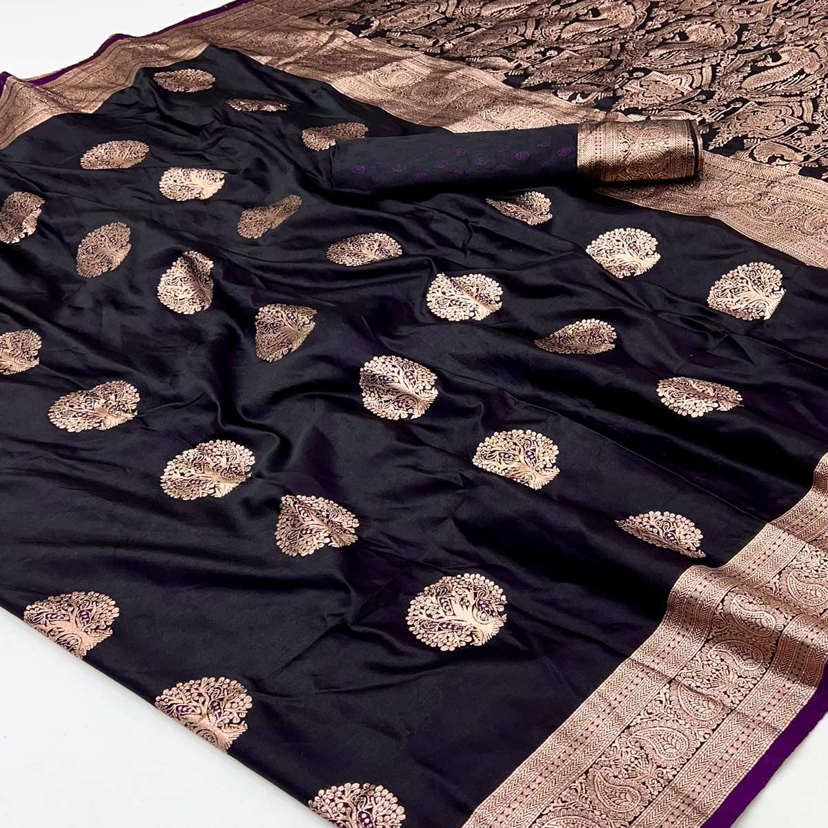 Dark Purple Classic Floral Zari Weaving Satin Silk Saree With Sophisticated Drape