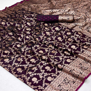 Wine Classic Floral Zari Weaving Satin Silk Saree With Sophisticated Drape