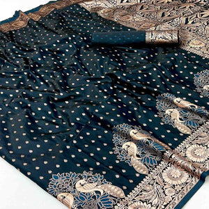 Dark Teal Classic Floral Zari Weaving Satin Silk Saree With Sophisticated Drape