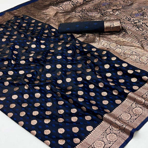 Navy Blue Classic Floral Zari Weaving Satin Silk Saree With Sophisticated Drape