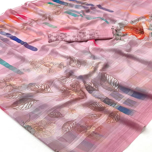 Pink Contemporary Floral Digital Printed Silk Blend Saree With Textured Striped Weaving
