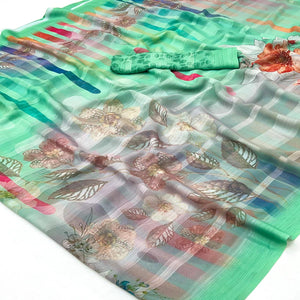 Green Contemporary Floral Digital Printed Silk Blend Saree With Textured Striped Weaving