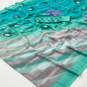 Turquoise Silk Blend Saree With Floral Digital Prints & Striped Weaving Design