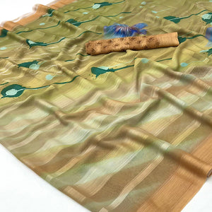 Mustard Silk Blend Saree With Floral Digital Prints & Striped Weaving Design