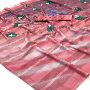 Coral Pink Silk Blend Saree With Floral Digital Prints & Striped Weaving Design