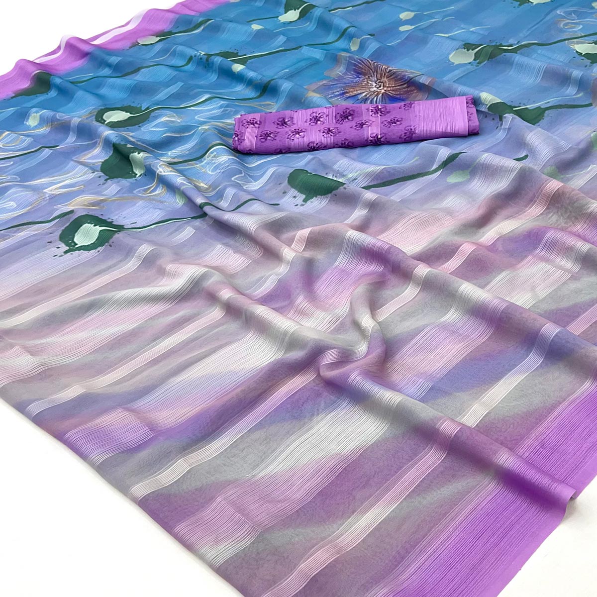 Lavender Silk Blend Saree With Floral Digital Prints & Striped Weaving Design