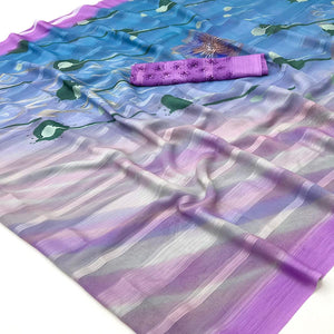 Lavender Silk Blend Saree With Floral Digital Prints & Striped Weaving Design