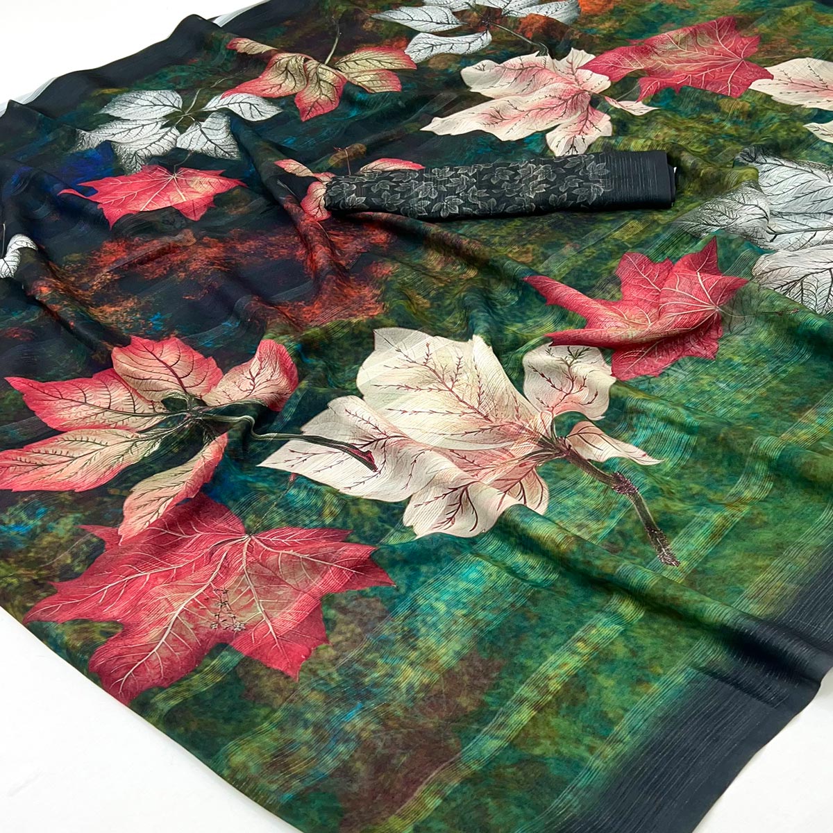 Trendy Green Leaf Digital Printed Silk Blend Saree With Textured Striped Weaving