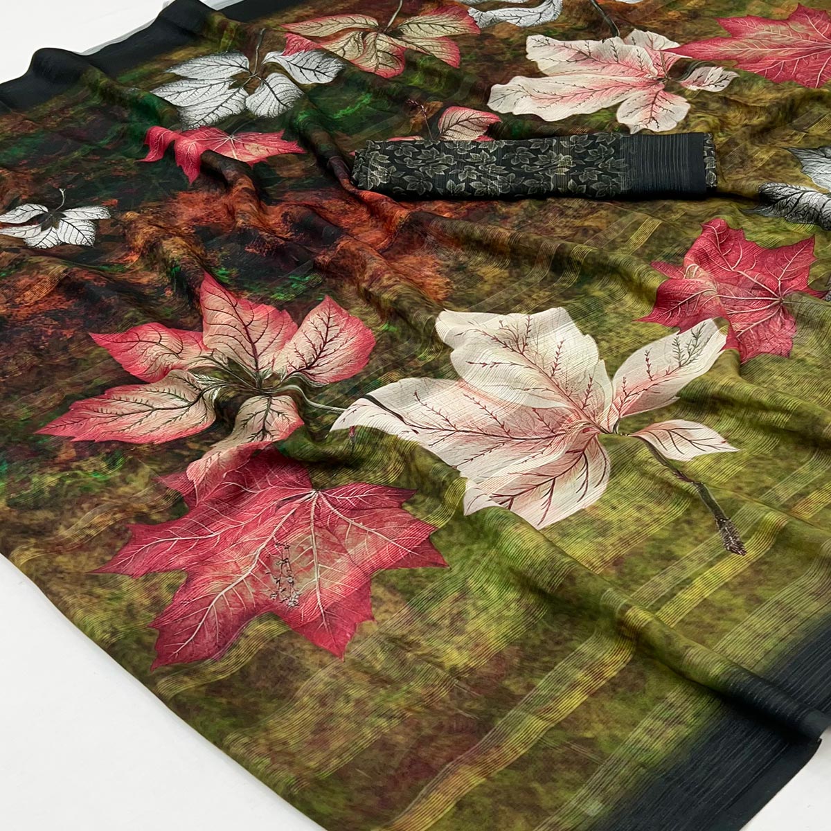 Trendy Olive Green Leaf Digital Printed Silk Blend Saree With Textured Striped Weaving