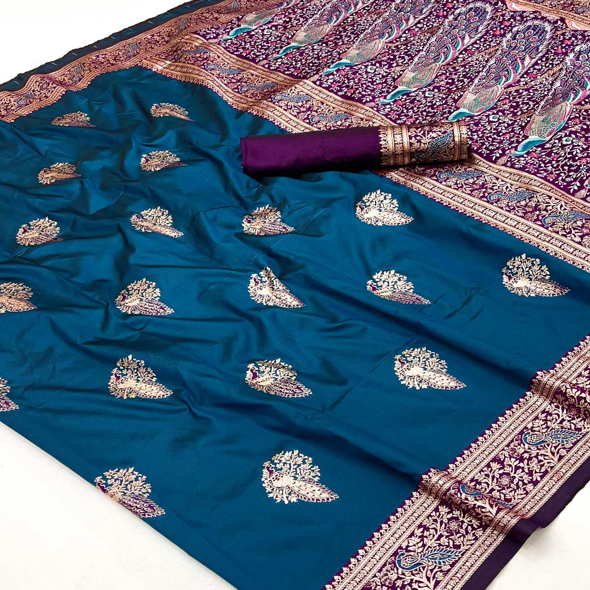 Classic Morpich Blue Silk Blend Saree With Ornate Peacock & Floral Zari Woven Motifs