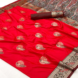 Classic Red Silk Blend Saree With Ornate Peacock & Floral Zari Woven Motifs