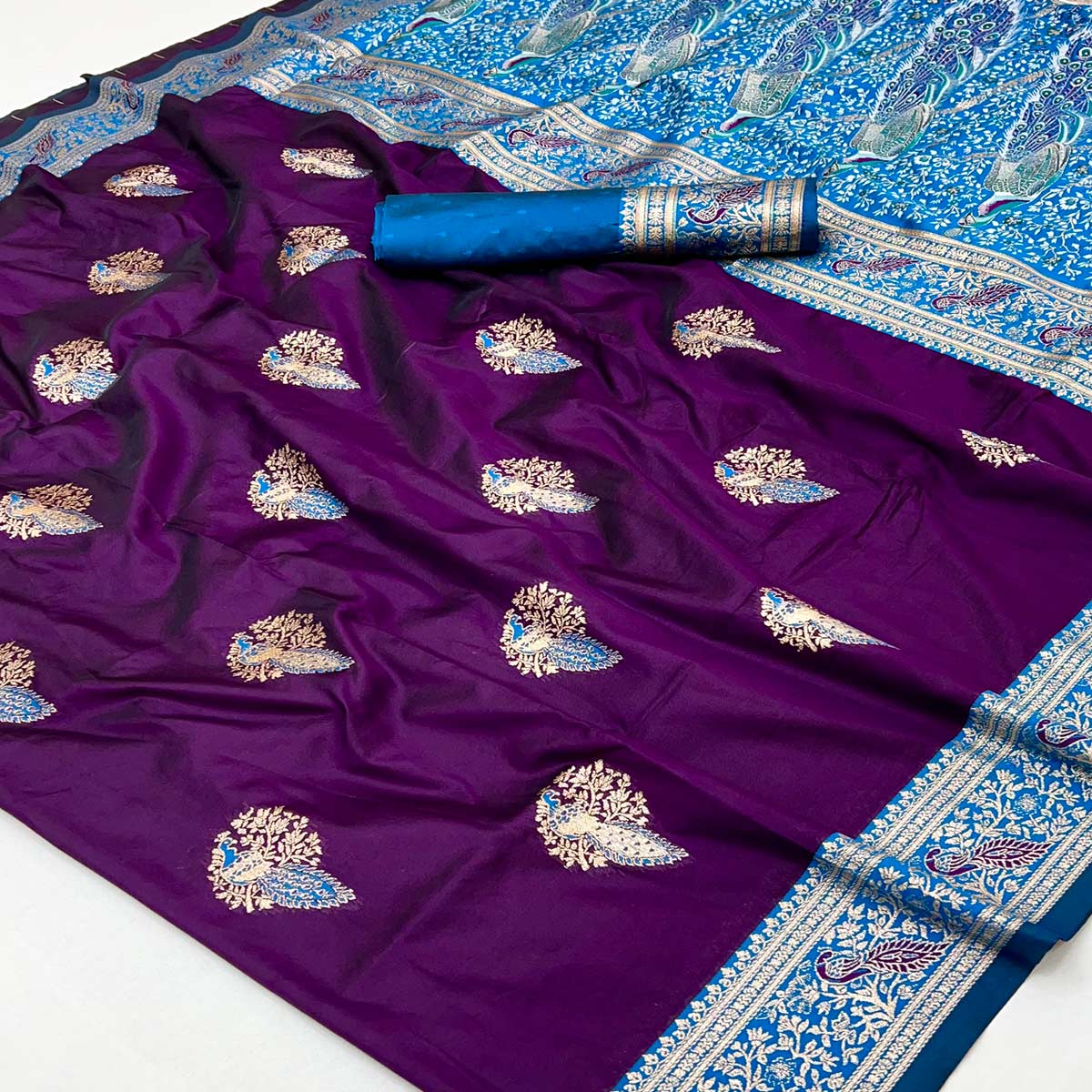 Classic Purple Silk Blend Saree With Ornate Peacock & Floral Zari Woven Motifs