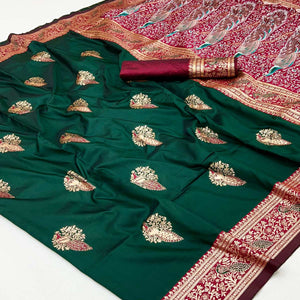 Classic Green Silk Blend Saree With Ornate Peacock & Floral Zari Woven Motifs