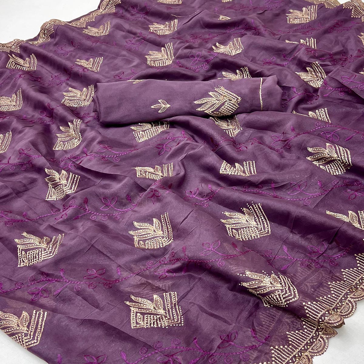 Elegant Purple Georgette Saree Accented With Intricate Floral Thread Embroidery