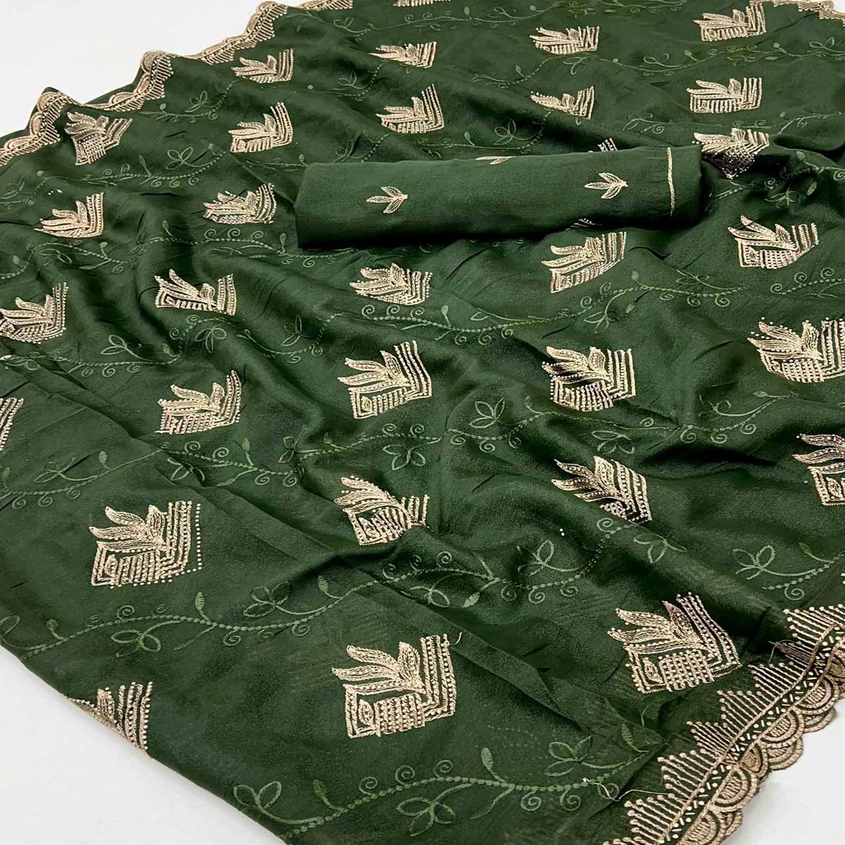 Elegant Green Georgette Saree Accented With Intricate Floral Thread Embroidery