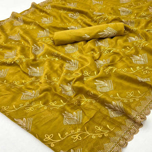 Elegant Mustard Georgette Saree Accented With Intricate Floral Thread Embroidery