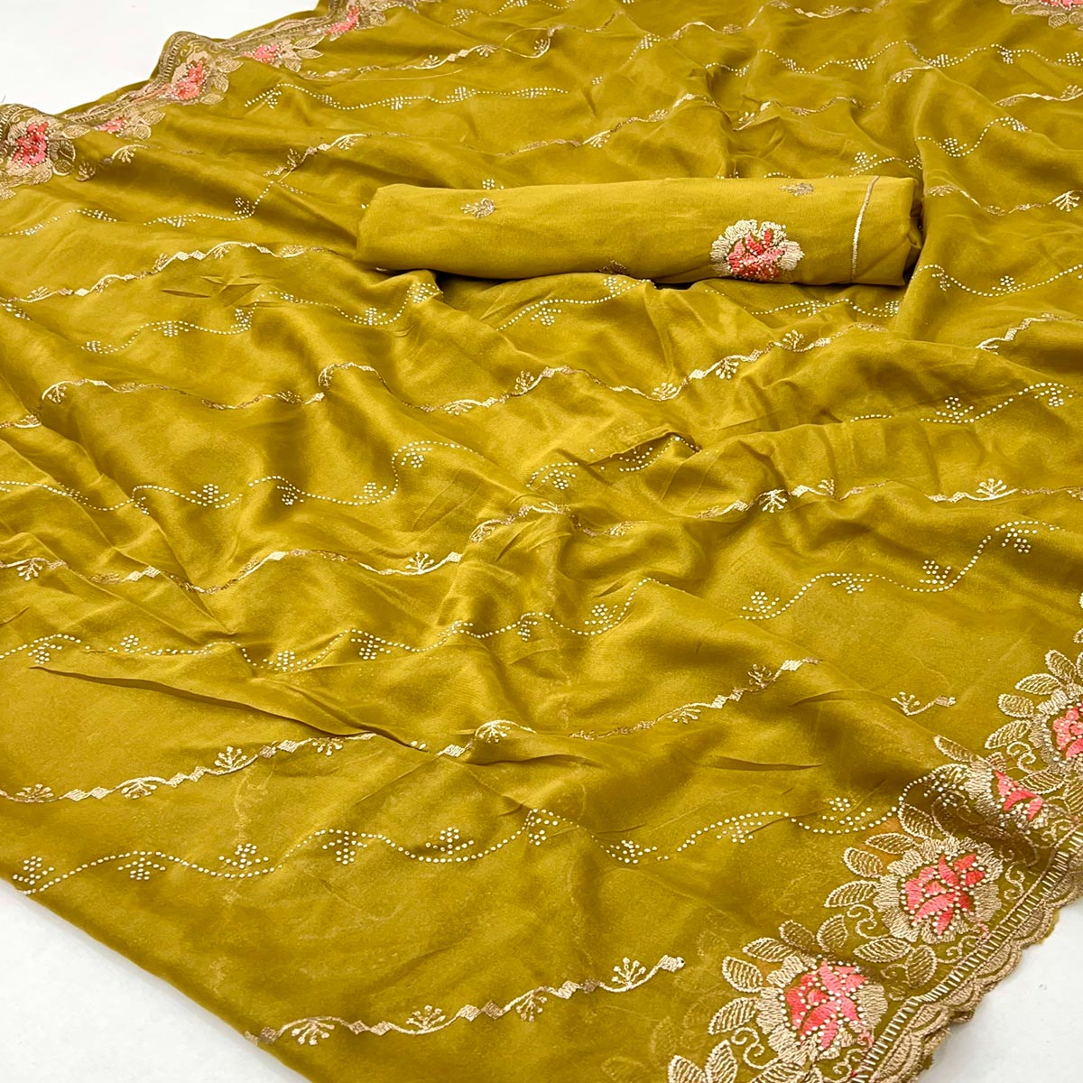 Graceful Mustard Floral Thread & Zari Embroidered Georgette Saree