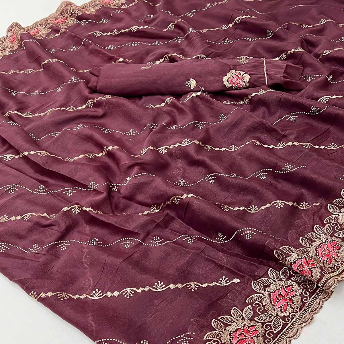Graceful Wine Floral Thread & Zari Embroidered Georgette Saree