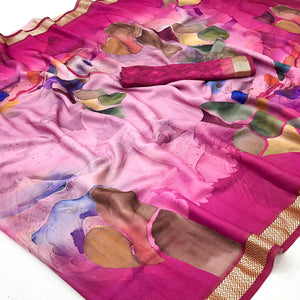 Graceful Rani Pink Georgette Saree Accented With Digital Prints & Viscose Border Finish