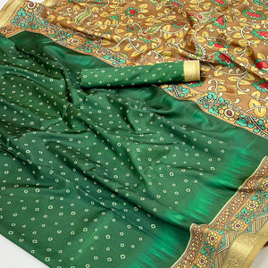 Green Traditional Bandhani & Floral Digital Printed Art Silk Saree With Peacock Motif Pallu