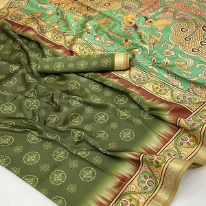 Mehendi Green Traditional Bandhani & Floral Digital Printed Art Silk Saree With Peacock Motif Pallu