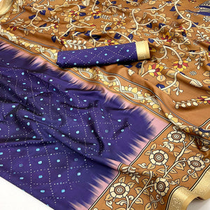 Blue Traditional Bandhani & Floral Digital Printed Art Silk Saree With Peacock Motif Pallu