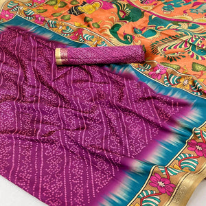 Purple Traditional Bandhani & Floral Digital Printed Art Silk Saree With Peacock Motif Pallu
