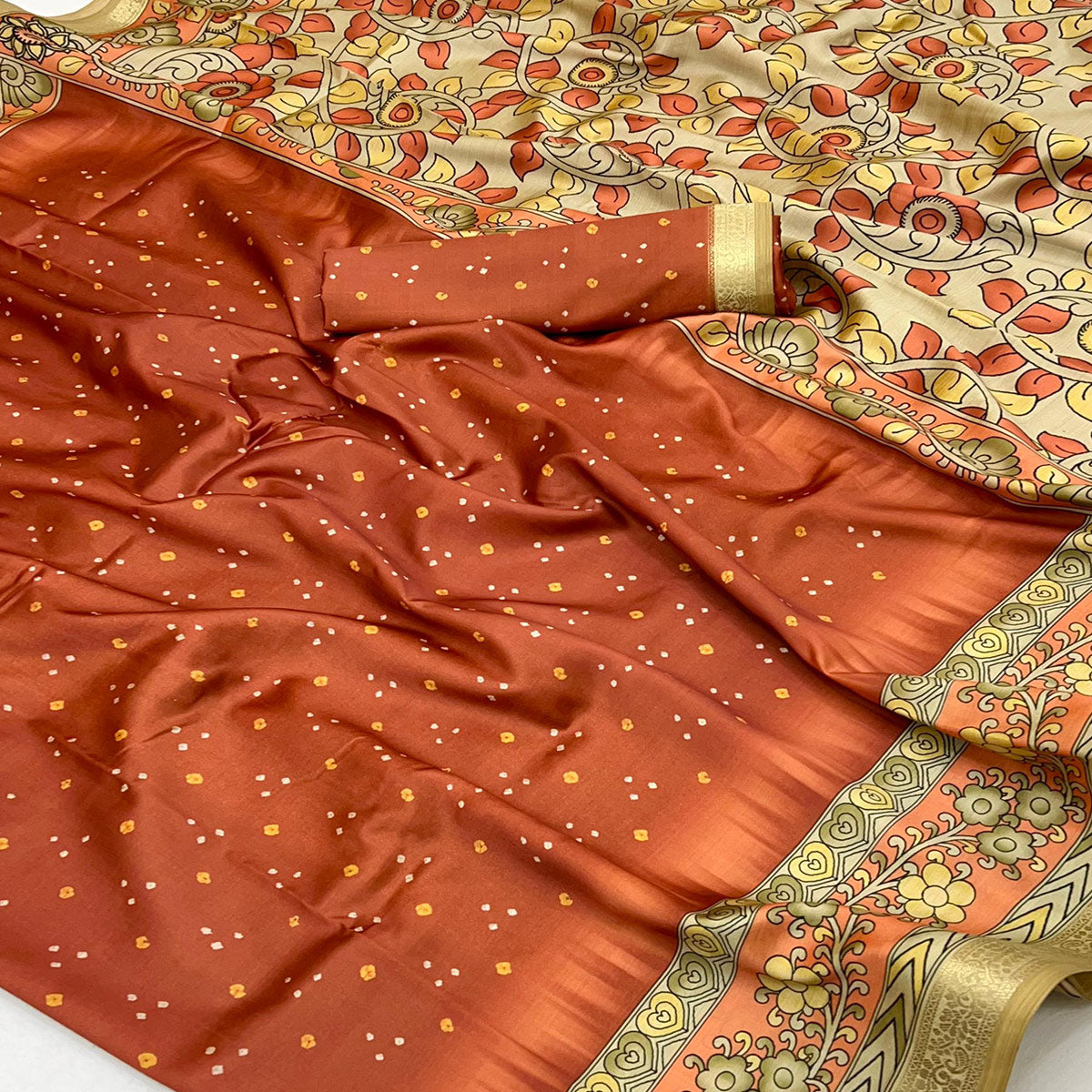 Rust Traditional Bandhani & Floral Digital Printed Art Silk Saree With Tassel Pallu