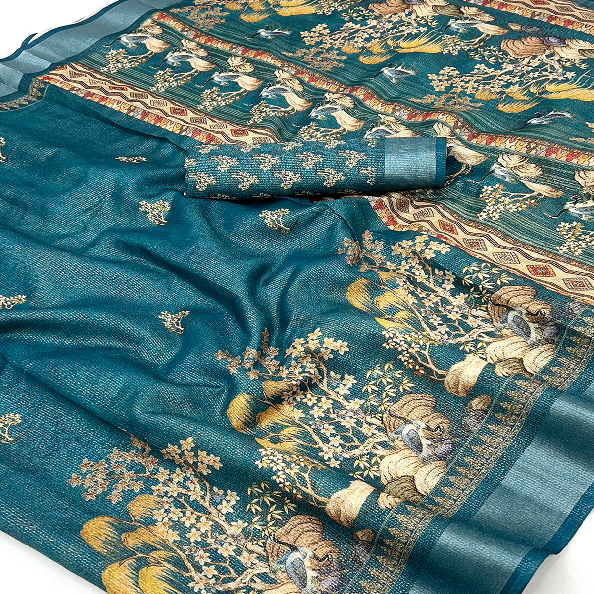 Morpich Blue Floral Digital Printed Cotton Blend Weaving Zari Saree With Tassel Pallu