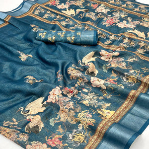 Blue Floral Digital Printed Cotton Blend Weaving Zari Saree With Tassel Pallu