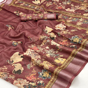Maroon Floral Digital Printed Cotton Blend Weaving Zari Saree With Tassel Pallu