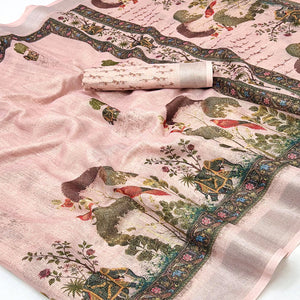 Pink Floral Digital Printed Cotton Blend Weaving Zari Saree With Tassel Pallu