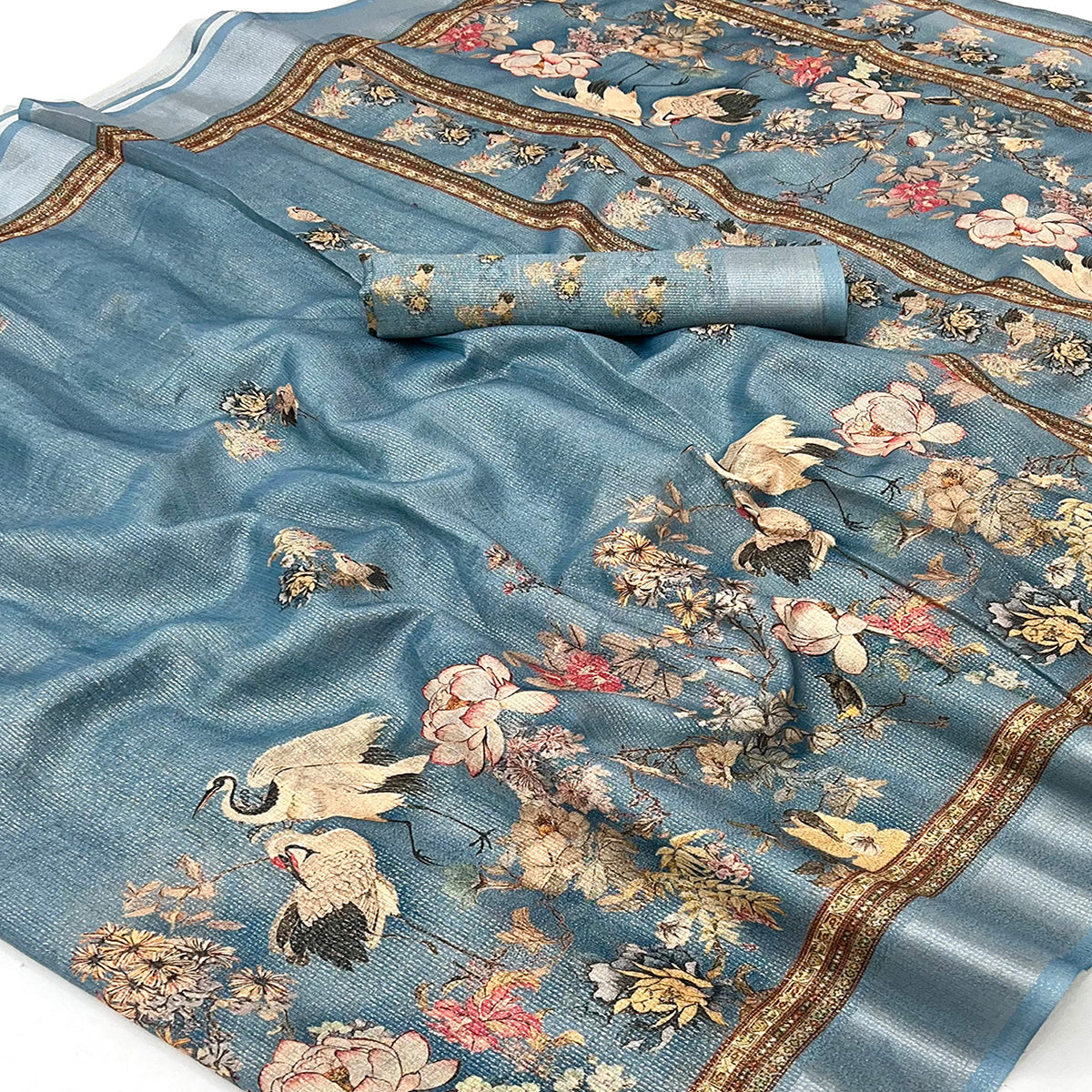 Bluish Grey Floral Digital Printed Cotton Blend Weaving Zari Saree With Tassel Pallu