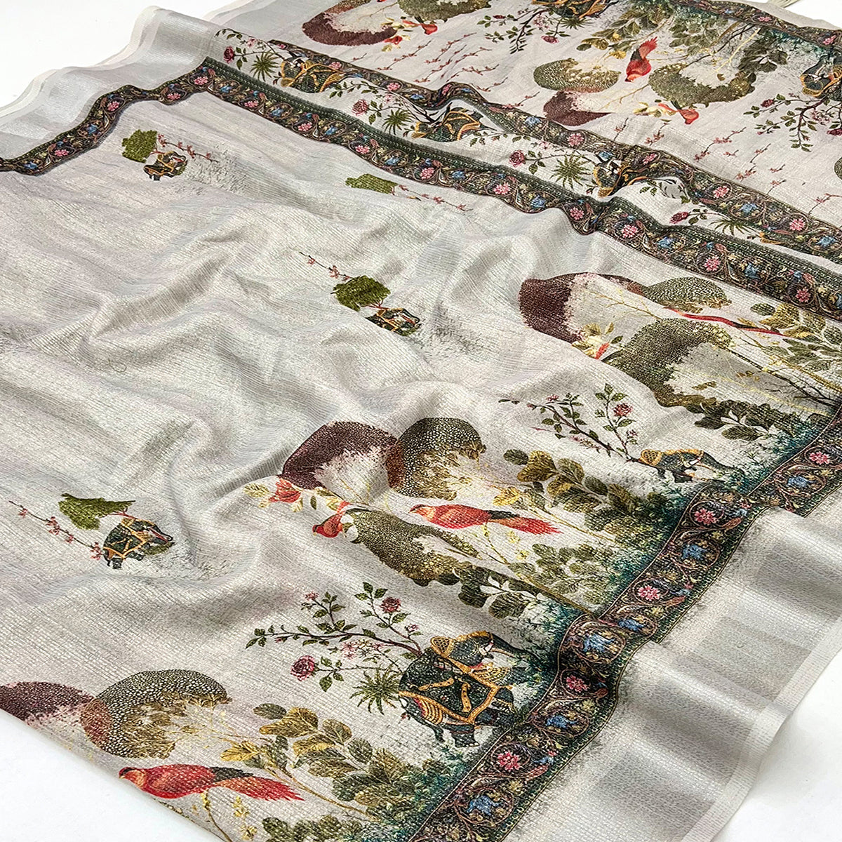 Silver Grey Floral Digital Printed Cotton Blend Weaving Zari Saree With Tassel Pallu