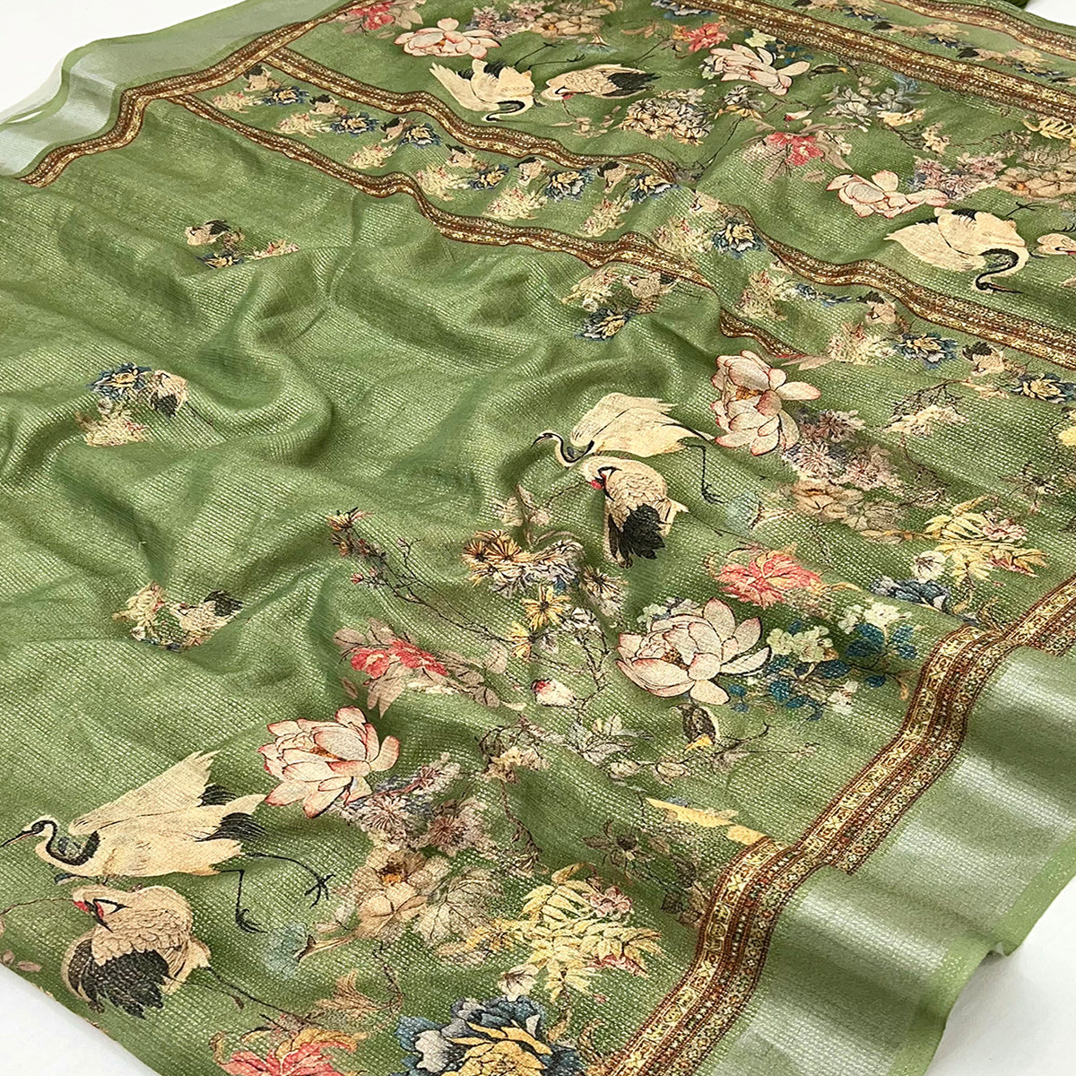 Green Floral Digital Printed Cotton Blend Weaving Zari Saree With Tassel Pallu