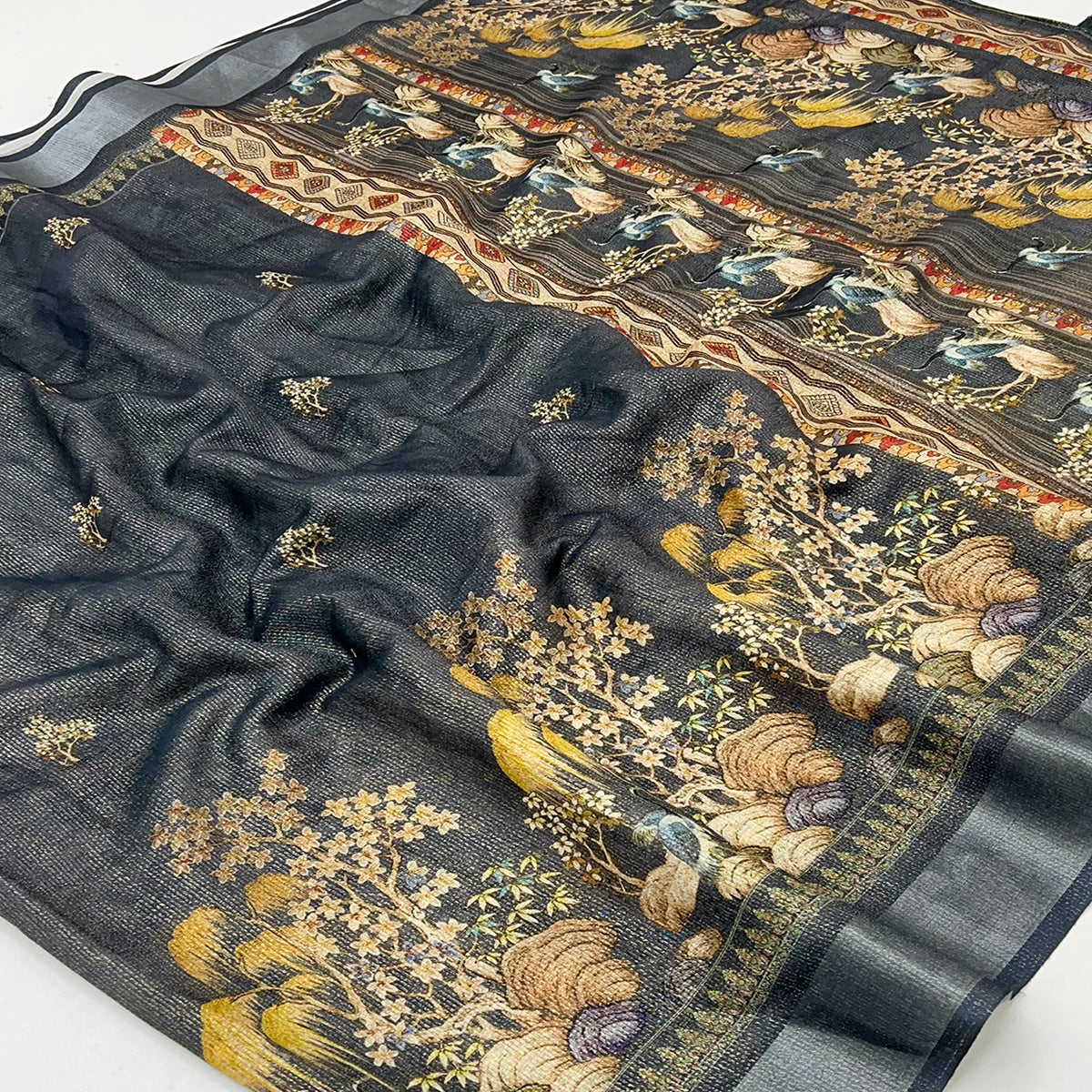 Dark Grey Floral Digital Printed Cotton Blend Weaving Zari Saree With Tassel Pallu