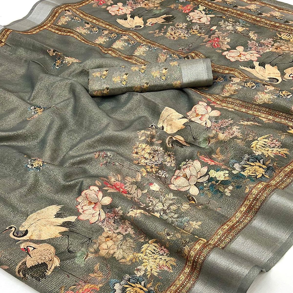 Grey Floral Digital Printed Cotton Blend Weaving Zari Saree With Tassel Pallu