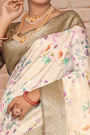 Light Peach Floral Digital Printed Silk Blend Saree With Intricate Weaving Border & Tassel Pallu