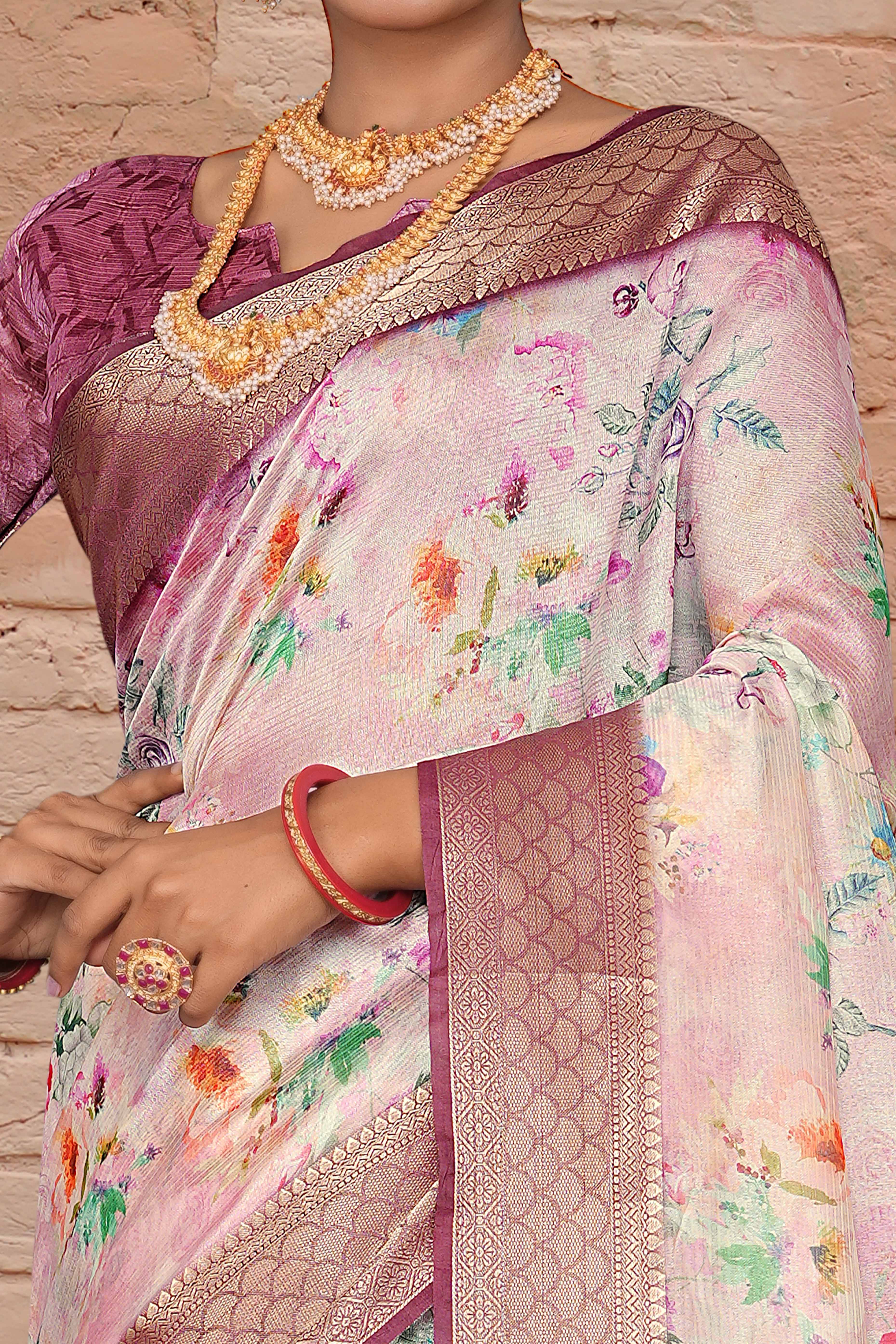 Pastel Pink Floral Digital Printed Silk Blend Saree With Intricate Weaving Border & Tassel Pallu