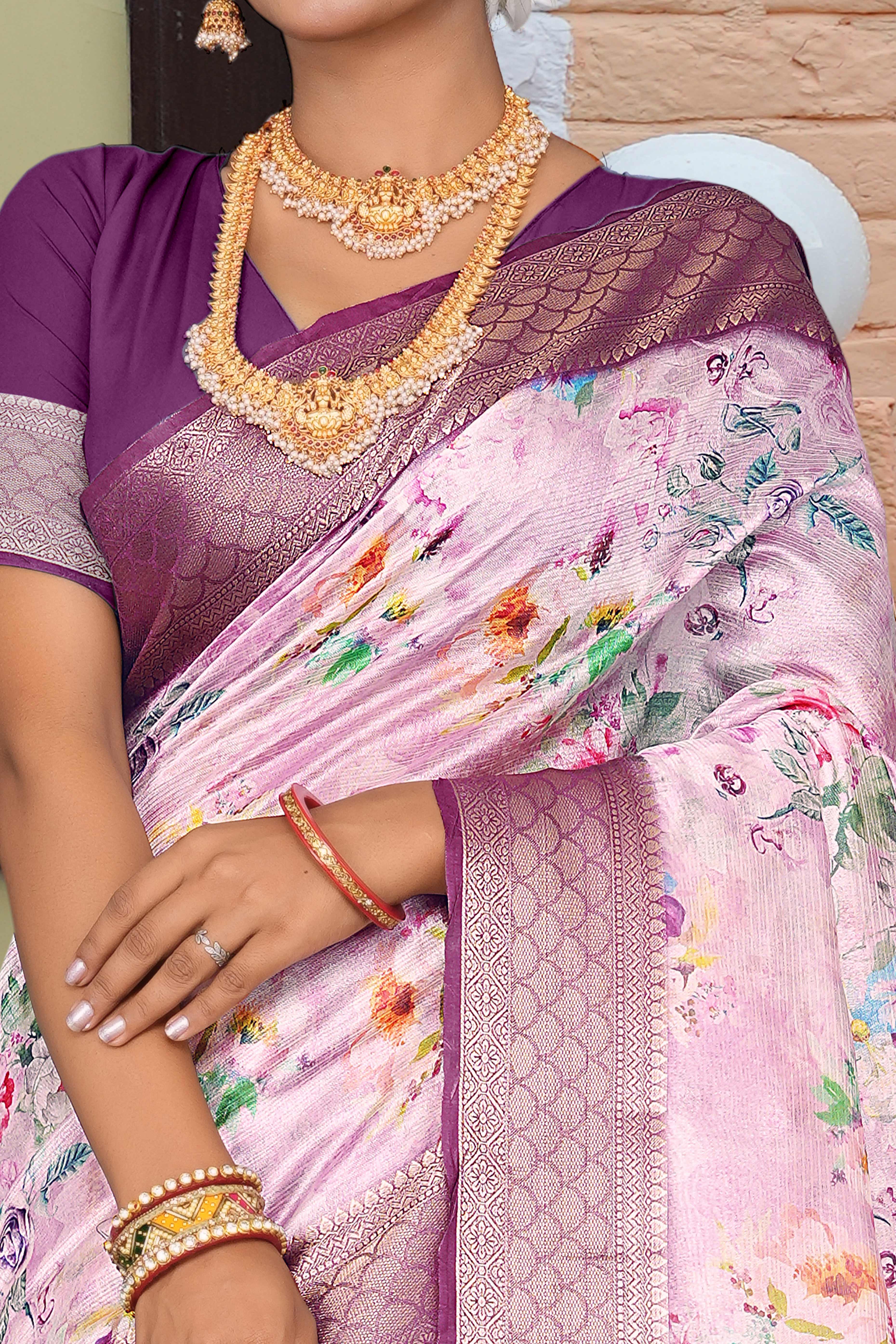 Light Purple Floral Digital Printed Silk Blend Saree With Intricate Weaving Border & Tassel Pallu