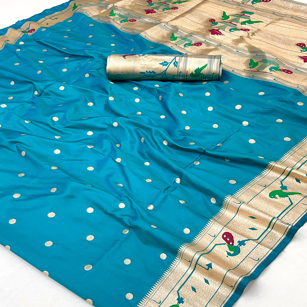 Teal Blue Floral Zari Weaving Work Silk Blend Paithani Saree With Traditional Charm
