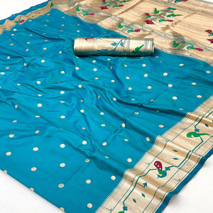 Teal Blue Floral Zari Weaving Work Silk Blend Paithani Saree With Traditional Charm