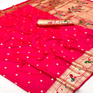 Rani Pink Floral Zari Weaving Work Silk Blend Paithani Saree With Traditional Charm