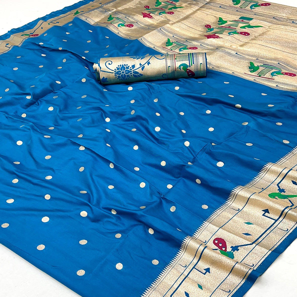 Blue Floral Zari Weaving Work Silk Blend Paithani Saree With Traditional Charm