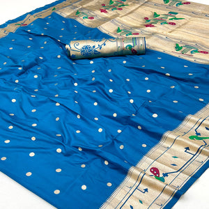 Blue Floral Zari Weaving Work Silk Blend Paithani Saree With Traditional Charm