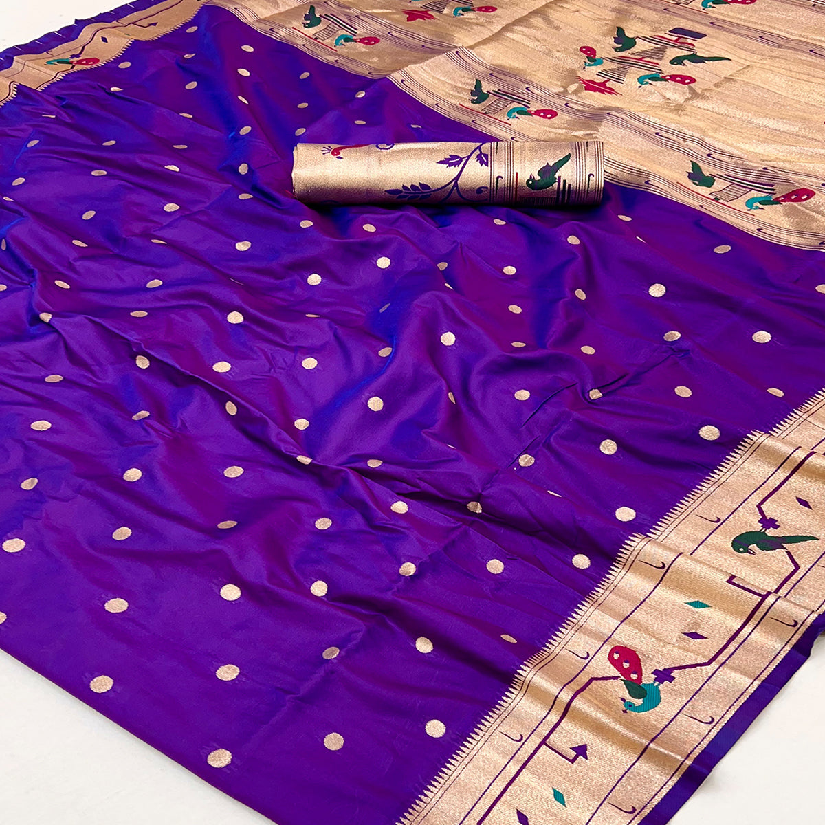 Royal Purple Floral Zari Weaving Work Silk Blend Paithani Saree With Traditional Charm