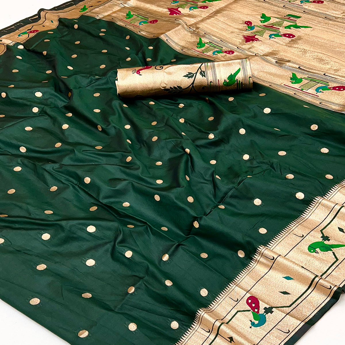 Bottle Green Floral Zari Weaving Work Silk Blend Paithani Saree With Traditional Charm